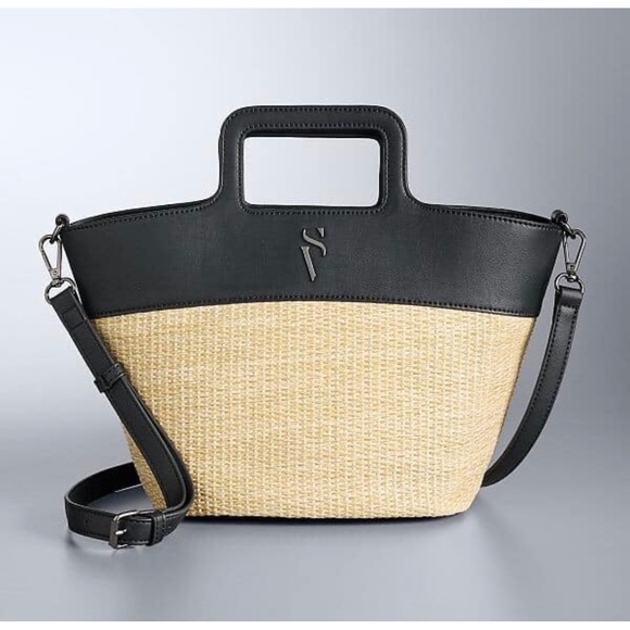 Simply Vera By Vera Wang Handbags - Simply Vera Wang Straw &Faux Leather Top Handle Crossbody Bag Black Woven Summer